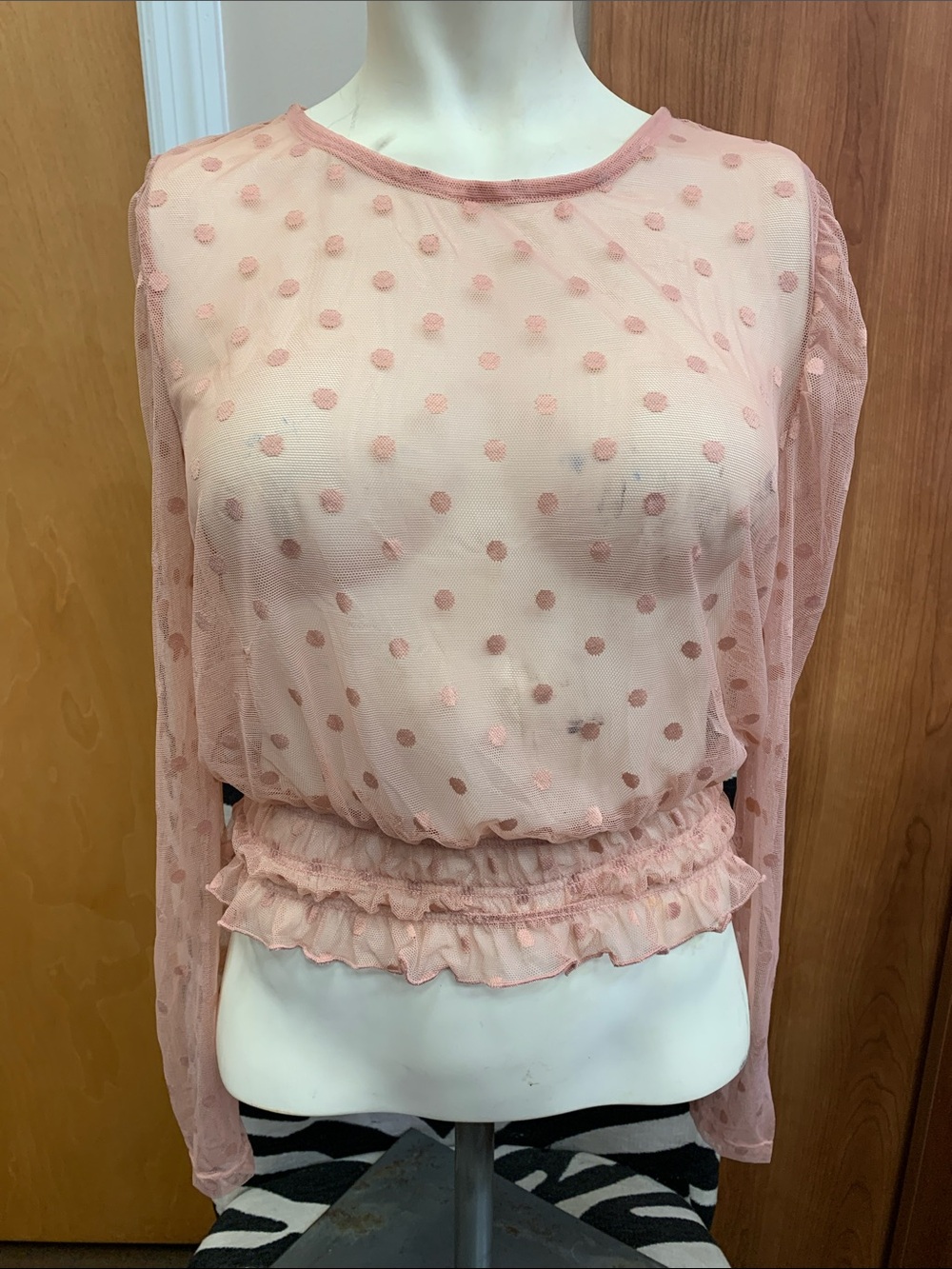 Ambiance Blush Pink Polka Dot Sheer Ruffle Waist Blouse